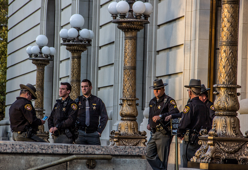 Hamilton County Sheriff's deputies patrol outside the Hamilton County courthouse ahead of the Ray Tensing mistrial announcement. - Nick Swartsell