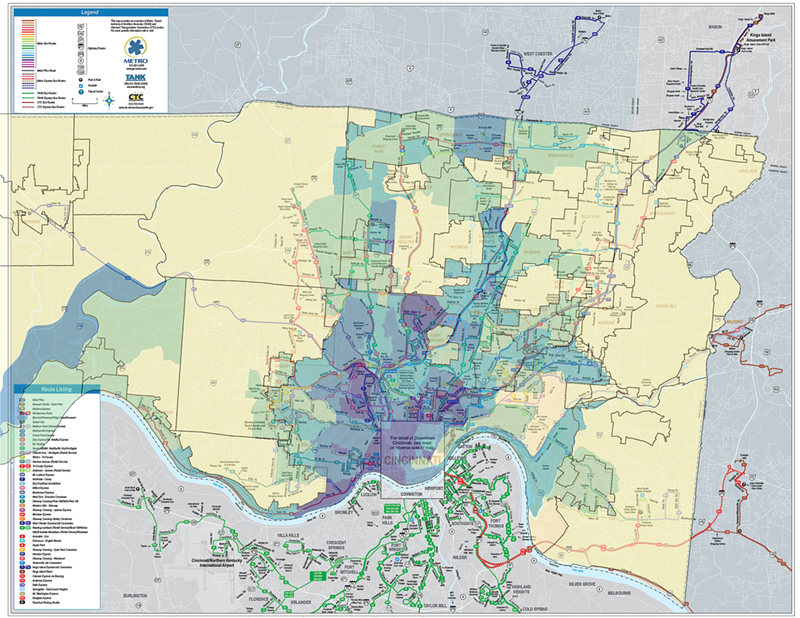 A map showing areas of concentrated poverty (the darker the shading, the higher the concentration of poverty in an area) as well as Metro bus routes into the suburbs.