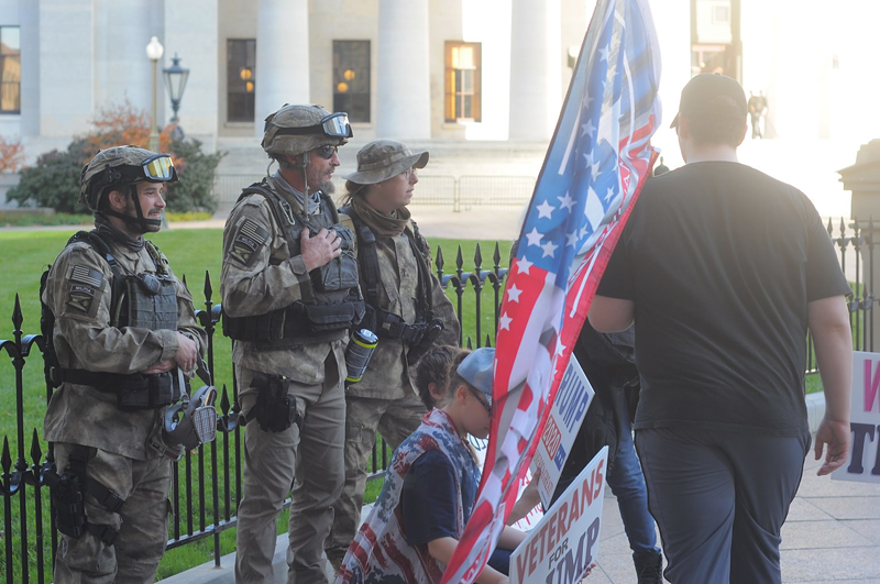 Members of the self-identified "Ohio State Regular Militia" appeared at the Statehouse on Nov. 7 to 'protect people' who came to celebrate Joe Biden's victory over President Donald Trump. - Photo: Jake Zuckerman, Ohio Capital Journal