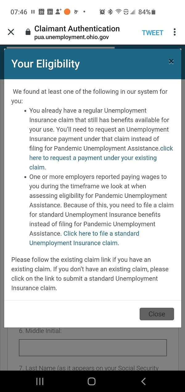 The message Andrew Gadek saw when trying to help his mother apply for PUA. - Photo: pua.unemployment.ohio.gov