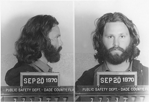 Jim Morrison's mug shot after being found guilty on misdemeanor charges of "indecent exposure and open profanity"
