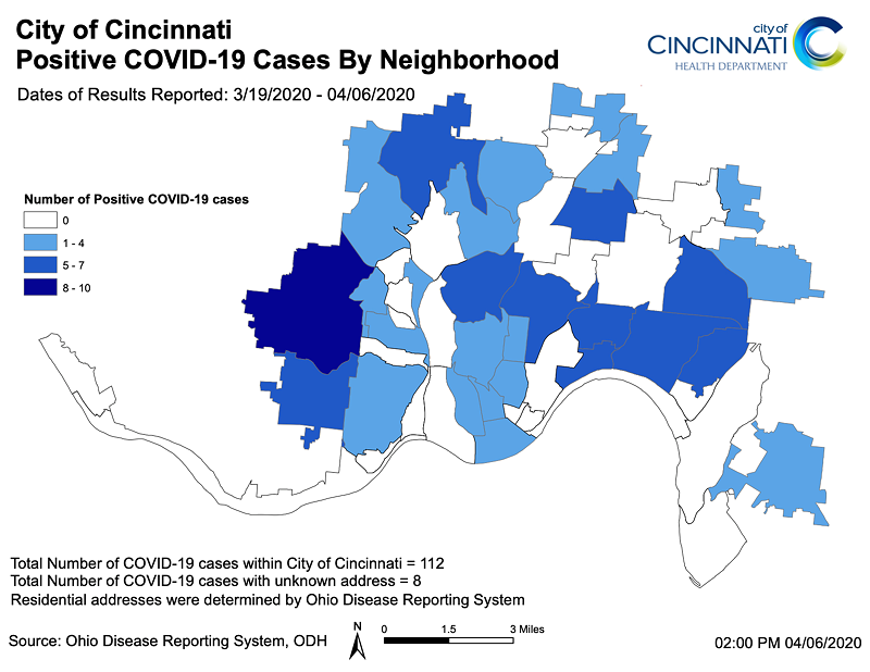Darker areas on the map indicate a higher number of COVID-19 cases. - City of Cincinnati