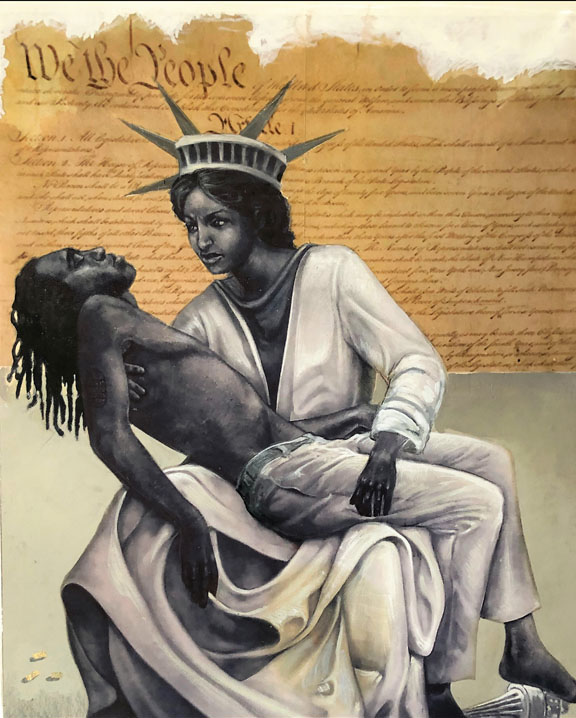 Gilbert Young, Liberty. Mixed media graphite, acrylic, and printed document. - PHOTO: COURTESY OF ART BEYOND BOUNDARIES AND KENNEDY HEIGHTS ARTS CENTER