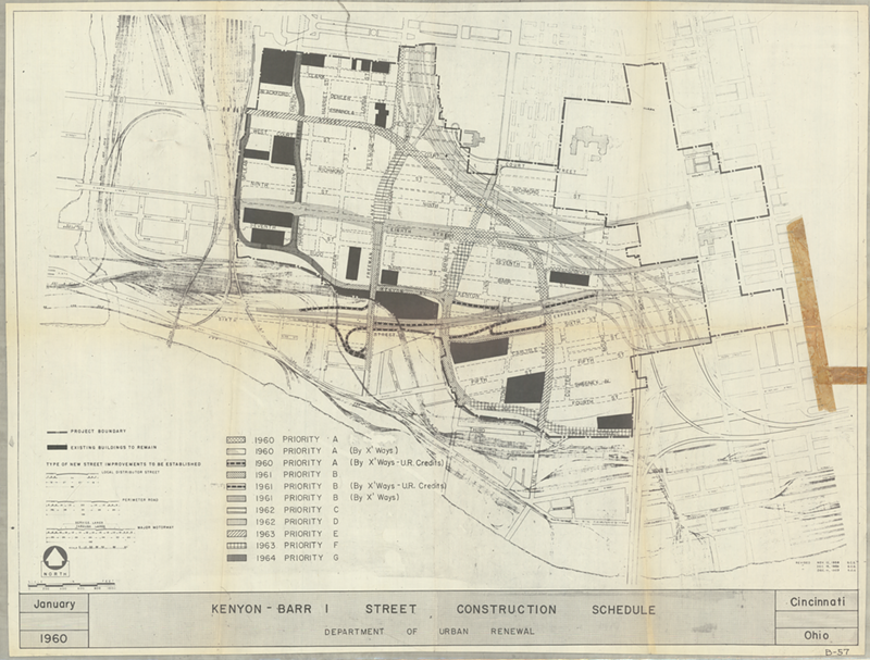 A map of planned changes to the street grid in Cincinnati's West End following the demolition of thousands of buildings. - Courtesy Archives and Rare Books Library, University of Cincinnati