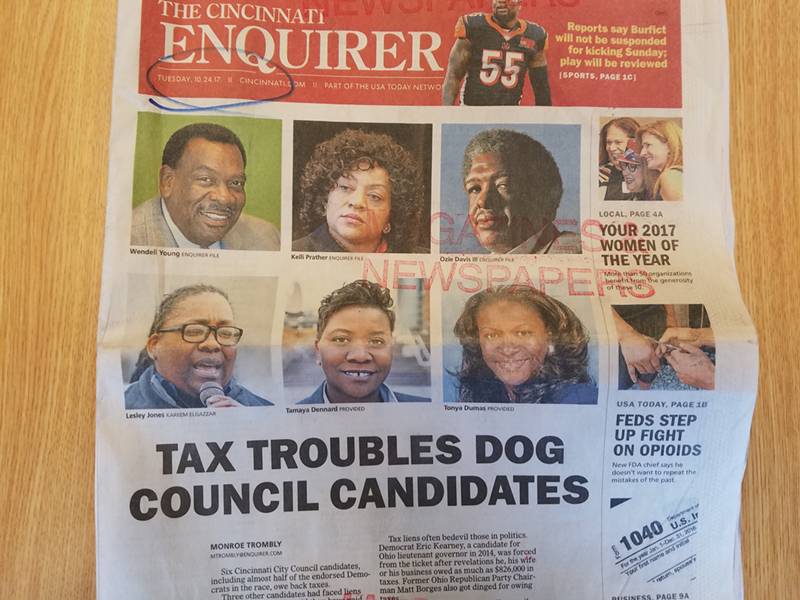 Oct. 23 edition of the Cincinnati Enquirer with typical markings by the public library.
