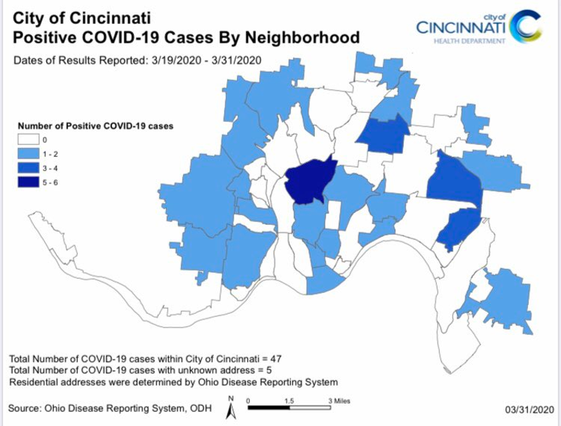 A breakdown of where COVID-19 cases have been discovered in Cincinnati. White areas have no cases, darker blue areas have more cases. - Photo: City of Cincinnati