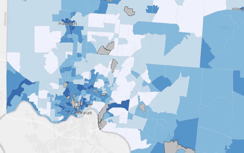 Interactive map showing Greater Cincinnati life expectancy rates. The darker the blue, the lower the rate. - communitysolutions.com