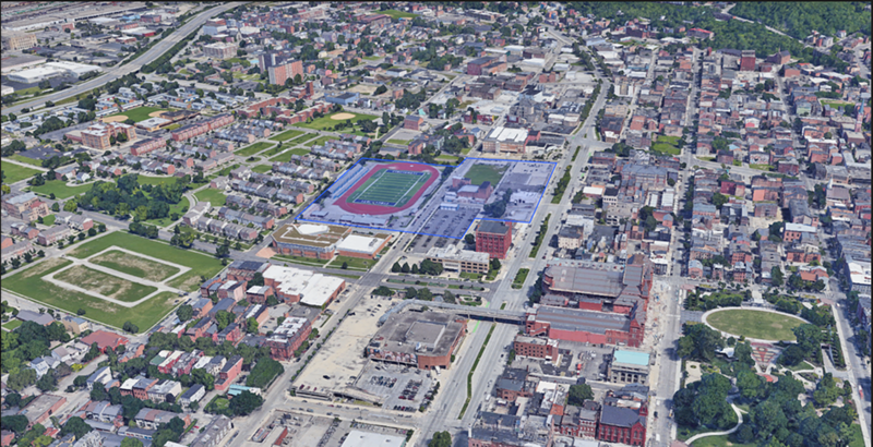 An aerial view of the West End with the stadium's future location highlighted - Provided