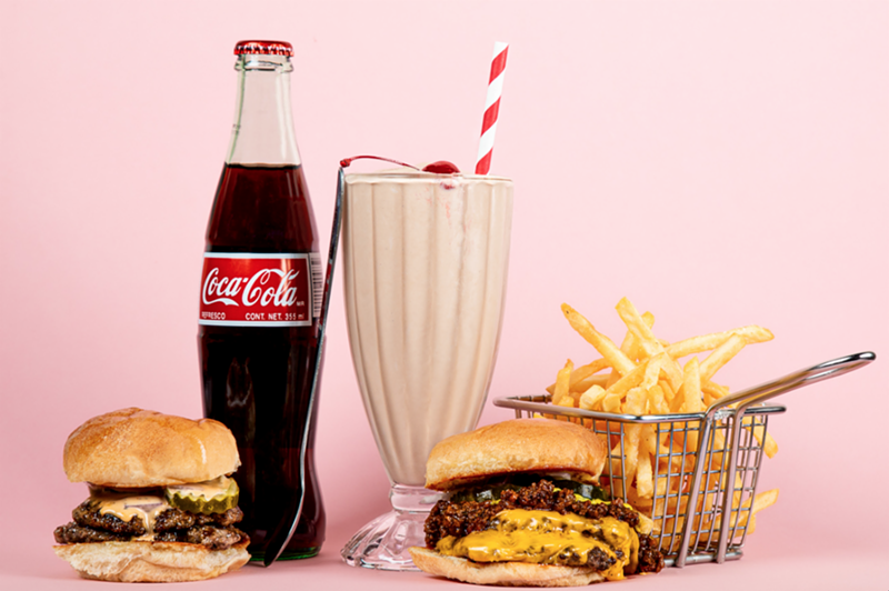 Danny Boy Burger, Danny Boy Burger with Chili and Cheese, Golden Fries, and a Chocolate Shake - Photo: 4EG