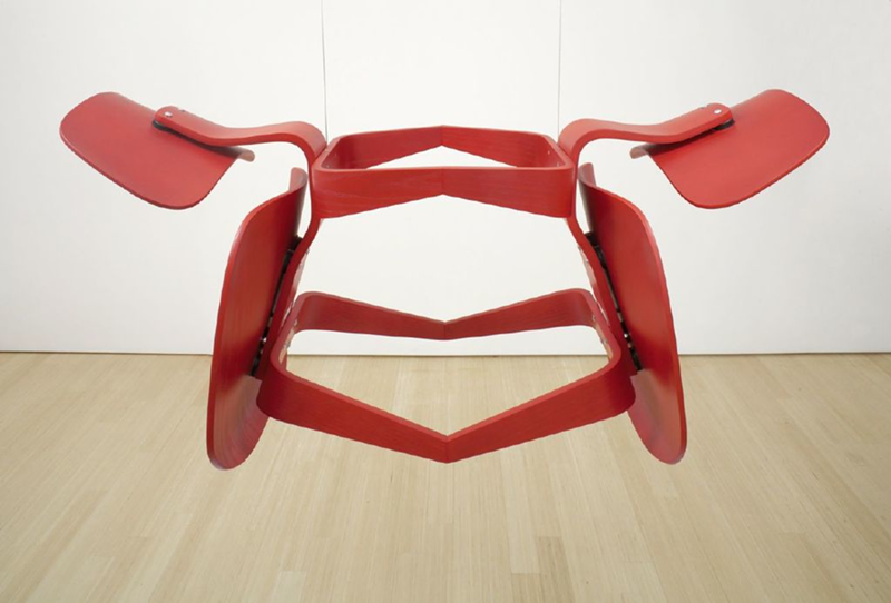 'Narcissus' by Edgar Orlaineta. Two LCW chairs (Charles and Ray Eames, 1946, for Hermann Miller, reproduction), steel cables Courtesy Sara Meltzer, New York © Edgar Orlaineta 2002