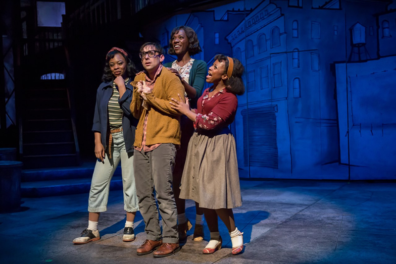 Seymour (Nick Cearley) with Ronnette (Ebony Blake), Chiffon (Johan Nandi) and Crystal (Alexis Tidwell) in "Little Shop of Horrors" - Photo: Mikki Schaffner Photography