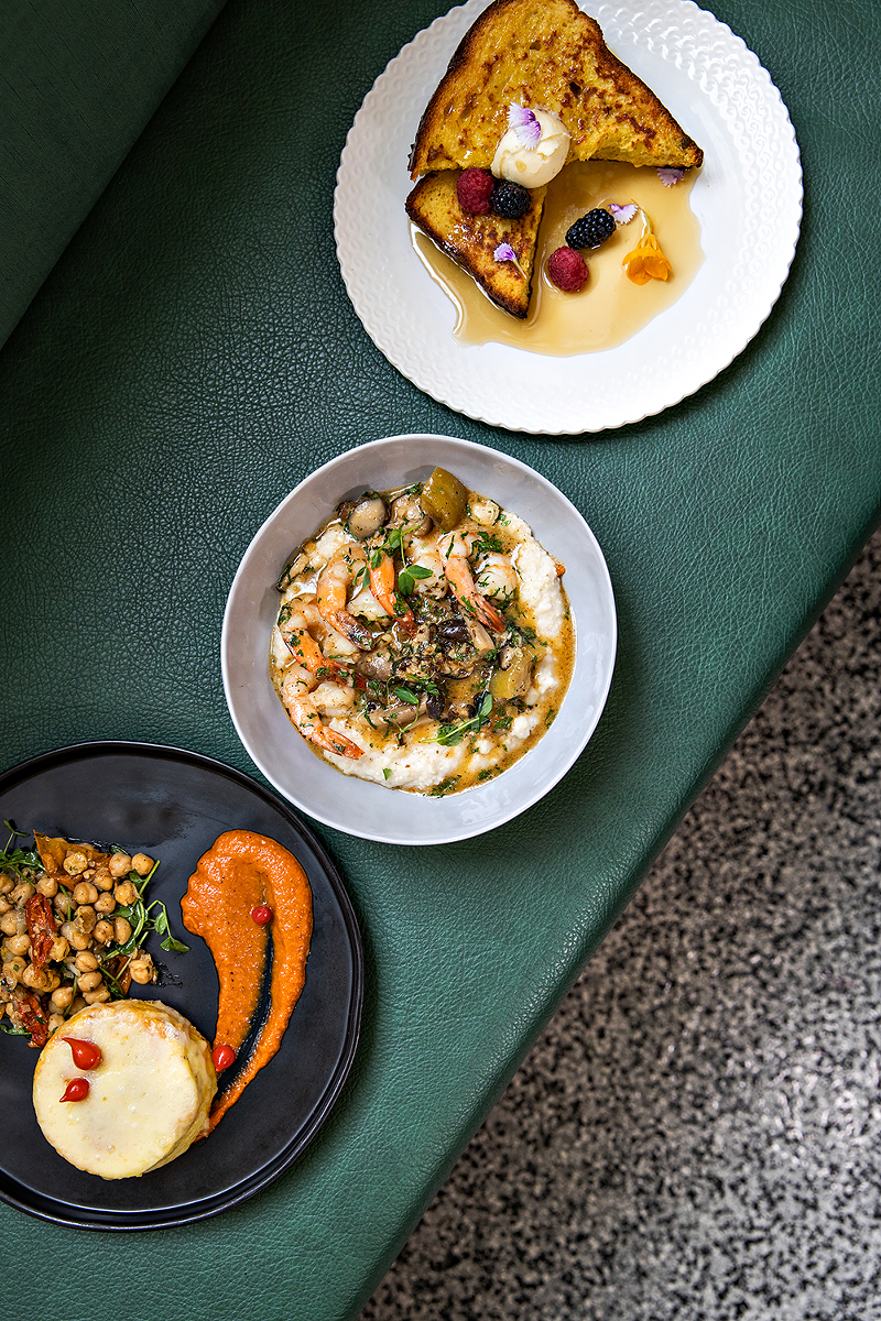 Top to Bottom: Challah French toast, shrimp and grits, harissa frittata at Branch - Photo: Hailey Bollinger