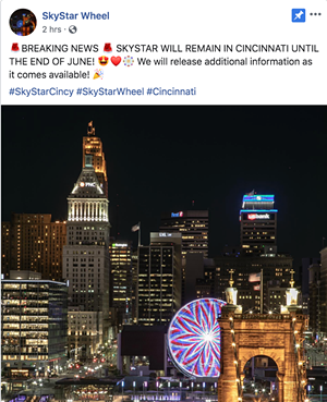 Cincinnati's SkyStar Observation Wheel Extends Stay Until The End of June