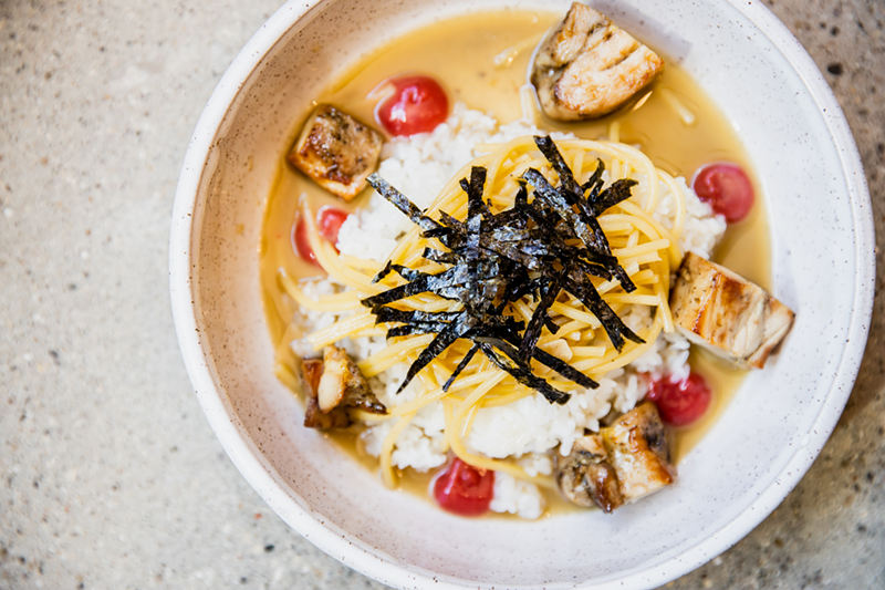 Pepe meshi: confit chicken, spaghetti, rice, umeboshi, nori ($10) - Photo: Hailey Bollinger