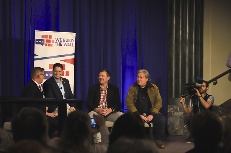 Former chief strategist for President Donald Trump Steve Bannon (right) at a We Build the Wall event with founder Brian Kolfage (second from left) and others. - Nick Swartsell