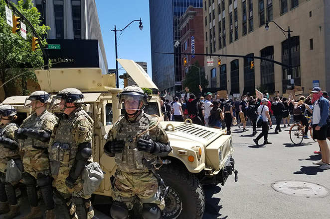 The Ohio National Guard stands post in downtown Columbus last year. - Photo: Marty Schladen.