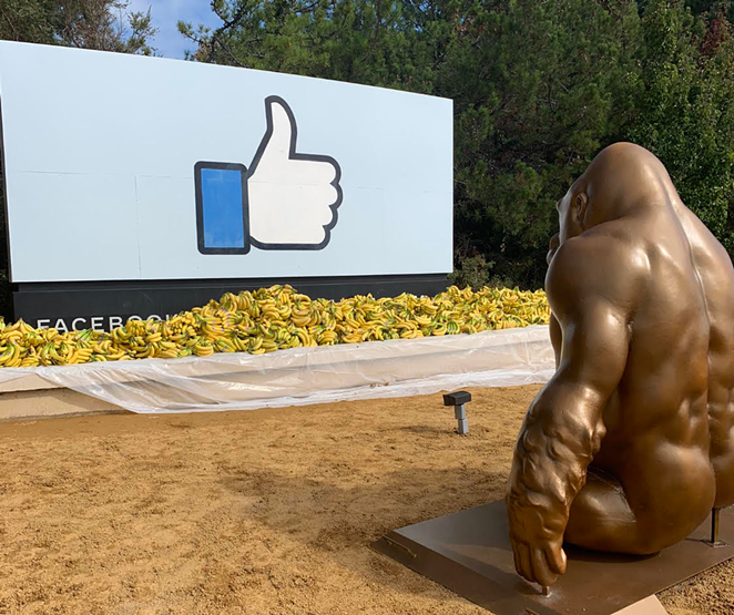 A 7-foot tall bronzed statue of Harambe was installed in front of Facebook’s headquarters Oct. 26, 2021, before being promptly removed. - Photo: Twitter.com/Sapien_Network