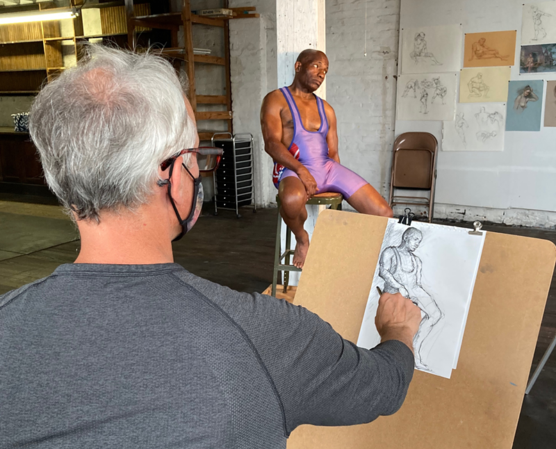Artist David Mueller draws (clothed) figure model Dexter Harold Carpenter. - Photo: provided by Jan Brown Checco