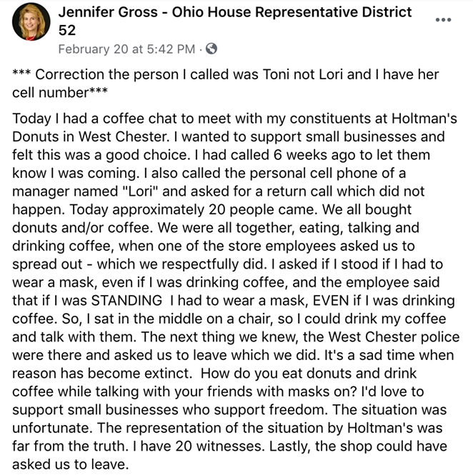 West Chester's Holtman's Donuts, Rep. Jennifer Gross Continue to Battle over Weekend Incident