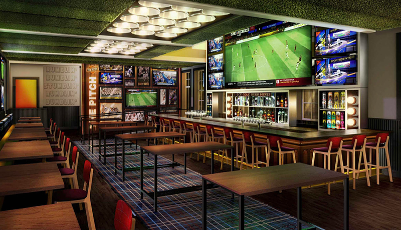 The Pitch Cincy. Please note the turf ceiling and wall of TVs. - Photo: Luminaut — architect, designer on project