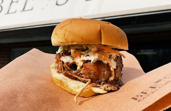Bee's sandwiches include brisket, pulled pork, turkey breast and sausage, along with The Bee Sting, which is pulled pork topped with coleslaw, Bar-B-Q Grippo’s and Bee’s hot sauce. - Photo: Provided by Bee's Barbecue