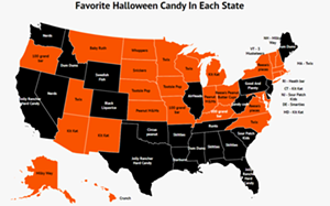 This map shows each state's most-Googled Halloween candy. - Photo: Zippia