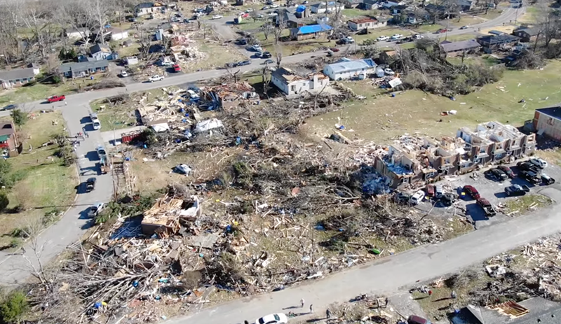 A screenshot of Dec. 13, 2021, drone footage of the tornado devastation in Bowling Green, Kentucky - National Weather Service Louisville, YouTube