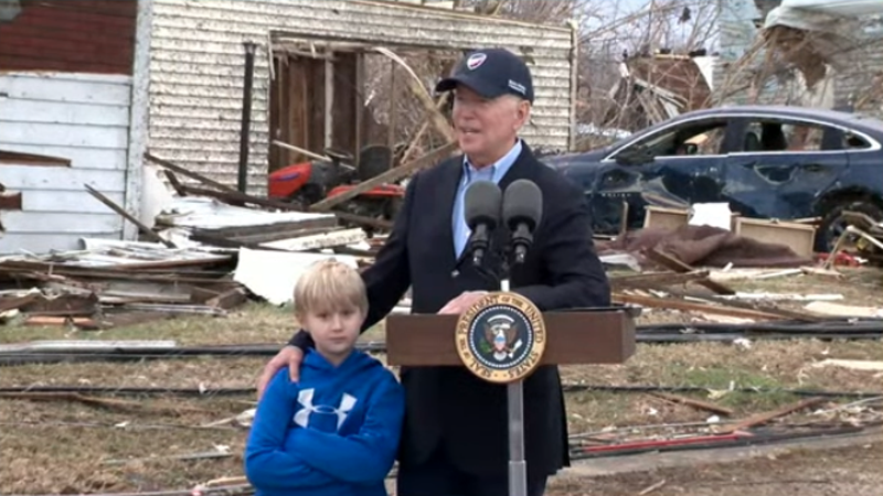 U.S. President Joe Biden addresses Kentucky tornado damage with Dane, a Dawson Springs resident, by his side on Dec. 15, 2021. - YOUTUBE