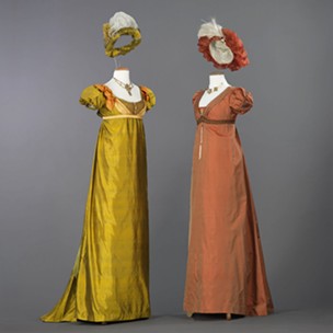 Left: Silk Evening Dress and Turban, Pride and Prejudice, 1995, Simon Langton, director. Worn by Anna Chancellor as Miss Caroline Bingley. Dinah Collin, costume designer. Right: Silk Evening Dress and Turban, Pride and Prejudice, 1995, Simon Langton, director. Worn by Lucy Robinson as Mrs. Hurst. Dinah Collin, costume designer. - PHOTO: PROVIDED BY TAFT MUSEUM OF ART