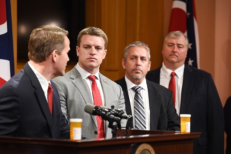 Rep. Jay Edwards, second from left, at a press conference in 2017. Former Speaker Larry Householder stands by at right. - Photo: Courtesy Ohio General Assembly