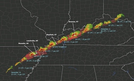 Radar imagery of the devastating tornadoes that moved across several states — including Kentucky — on Dec. 10 and 11, 2021 - PHOTO: THEAUSTINMAN/WIKIMEDIA COMMONS
