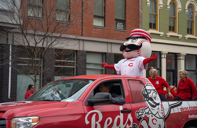 Mr. Redlegs appears during the Cincinnati Reds' Opening Day parade at Findlay Market on April 12, 2022. - Photo: Casey Roberts