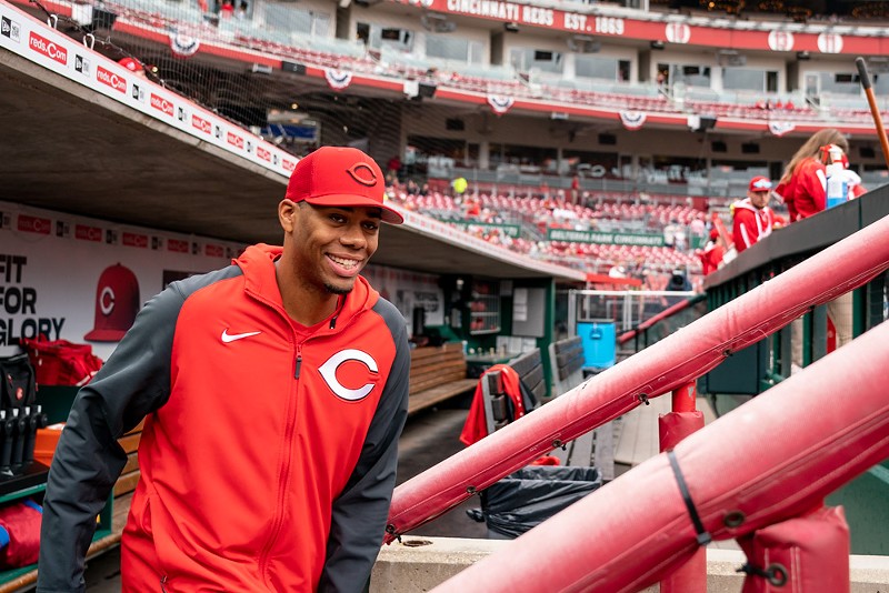 Cincinnati Reds pitcher Hunter Greene is photographed in the dugout at Great American Ball Park on April 12, 2022. - Photo: Ron Valle