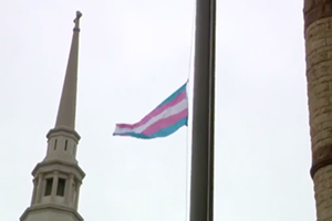 The transgender pride flag is raised at Cincinnati City Hall on March 31, 2022. - Photo: video still, facebook.com/cityofcincy