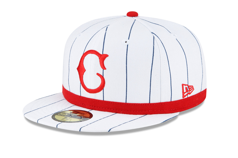 The Cincinnati Reds' throwback uniforms for the MLB Field of Dreams game on Aug. 11, 2022, include a white pinstriped cap with a vintage "C." - Photo: Provided by MLB Photos