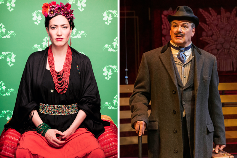 Vanessa Severo (left) plays Frida Kahlo in the Playhouse in the Park’s production of Frida...A Self Portrait, while Andrew May plays Hercule Poirot in the Playhouse’s production of Murder on the Orient Express. - Photos: By BrianPaulette (left) and By Zach Rosing