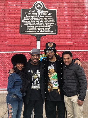 (From left) Patti Collins, Christian McBride, Bootsy Collins and Kent Butts stand at the marker that honors history at the King Records site. - Photo: courtesy of Elliott Ruther