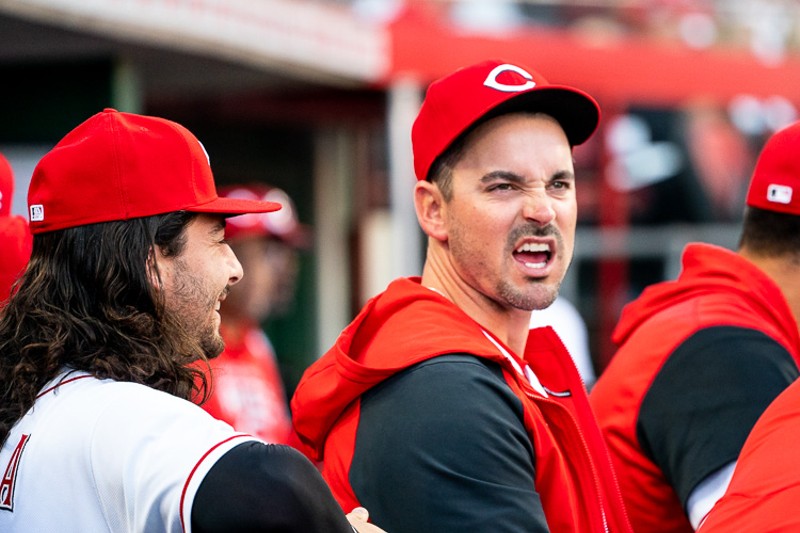 Jonathan India and Matt Reynolds joke as the Cincinnati Reds host the Chicago Cubs at Great American Ball Park on Oct. 5, 2022. - Photo: Ron Valle