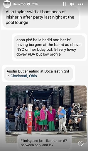 A @deuxmoi follower said they spotted Austin Butler at Boca downtown. - Photo: instagram.com/deuxmoi