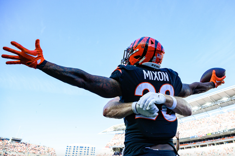 Cincinnati Bengals running back Joe Mixon is embraced after scoring five touchdowns against the Carolina Panthers at Paycor Stadium on Nov. 6, 2022. - Photo: Bengals media assets