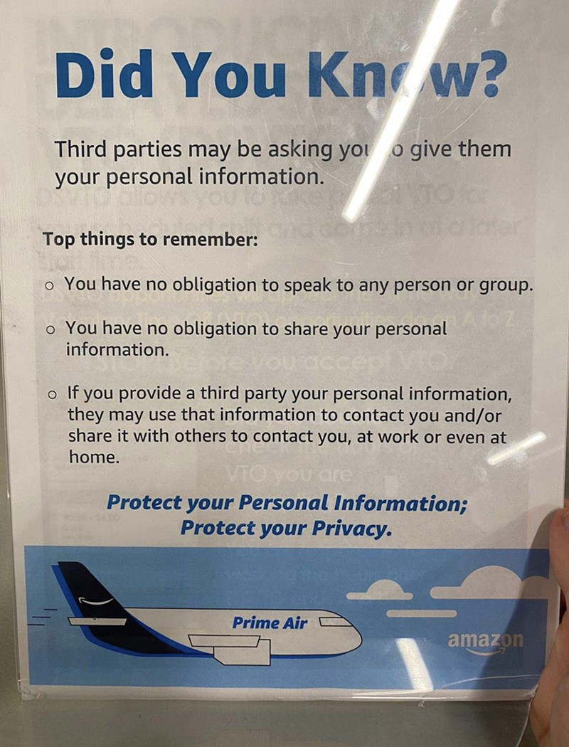 Signs posted around Amazon's largest Air Hub, KCVG, warn employees of union organizing. Organizers are calling it "union busting." - Photo: Provided by Jordan Martin