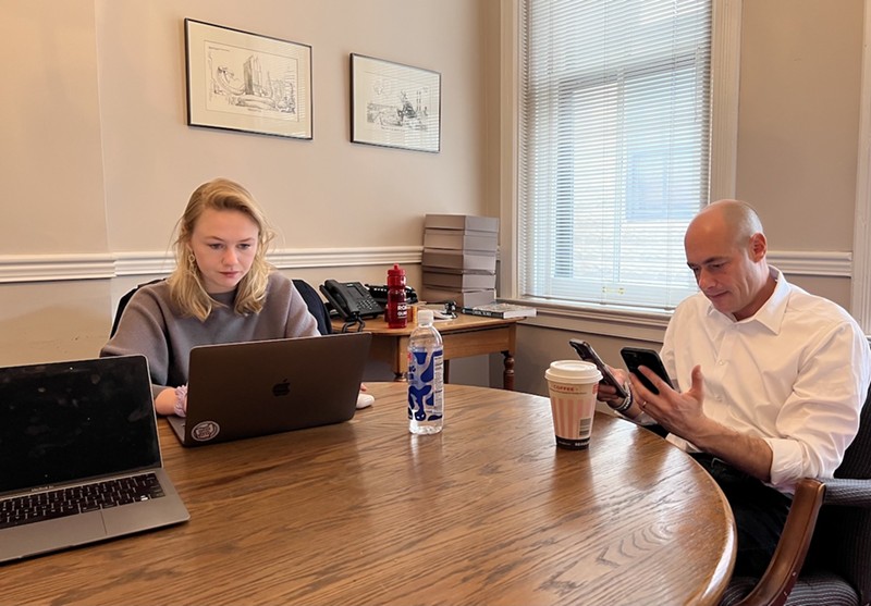 Leslie Grubb (left) and Greg Landsman monitor caucus voting for the New Democrat Coalition. Landsman’s newly-formed team has Grubb at the helm as chief of staff. - Photo: Madeline Fening