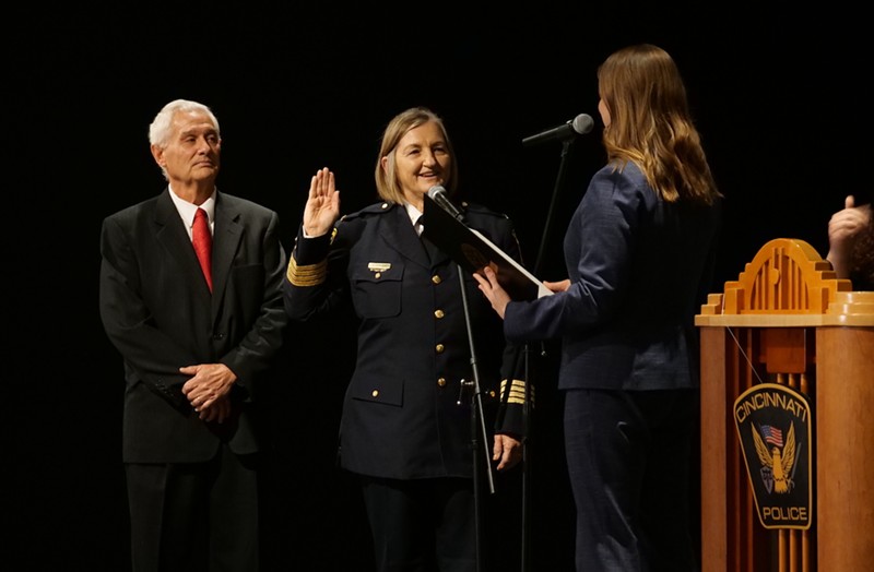 Teresa Theetge is sworn in as Cincinnati's first female police chief. She's been with the department for more than 30 years. - Photo: Madeline Fening