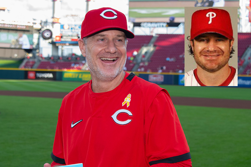 Cincinnati Reds manager David Bell in 2022 and as an infielder for the Philadelphia Phillies in the early 2000s - Photos: R.J. Oriez, Wikimedia Commons; MLB file photo (inset)