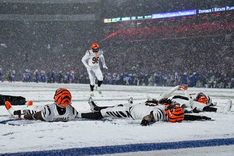 The Cincinnati Bengals celebrate an AFC divisional-round win over the Buffalo Bills by making snow angels in the end zone at Highmark Stadium on Jan. 22, 2023. - Photo: Cincinnati Bengals media assets