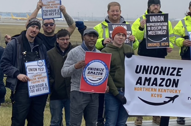 Edward Clarke (center, grey hat) says he was fired from his job at the Amazon Air Hub facility in Hebron, Kentucky for union organizing. Amazon's spokesperson disputes this. - Photo: Provided by Amazon Air Hub Union Organizers