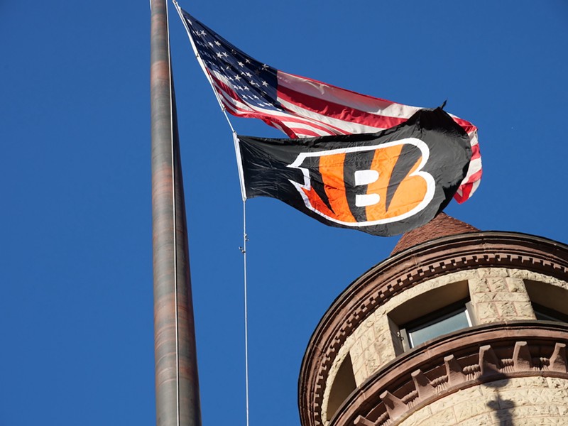 The Cincinnati Bengals flag flies at Cincinnati City Hall on Jan. 27, 2023. - Photo: Katherine Barrier