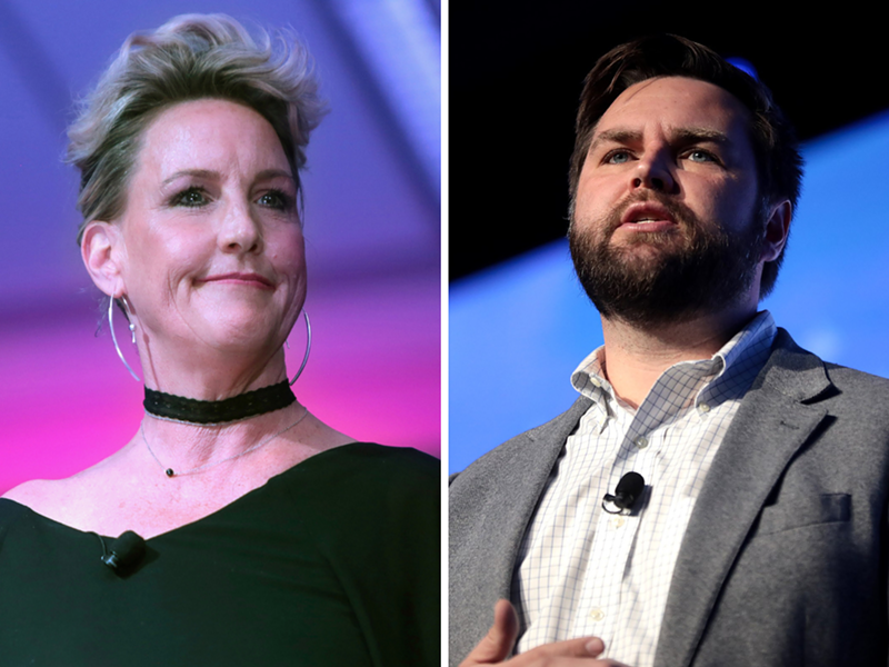Environmental advocate Erin Brockovich (left) is criticizing U.S. senator from Ohio J.D. Vance for his lack of communication about the Feb. 3 train derailment in East Palestine. - Photos: Gage Skidmore, Flickr Creative Commons