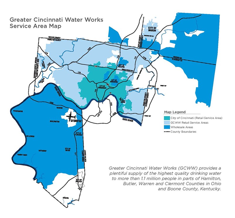 Greater Cincinnati Water Works' service area map - Photo: Map from City of Cincinnati's official government website