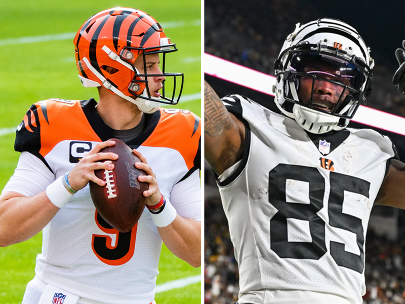 Cincinnati Bengals quarterback Joe Burrow and wide receiver Tee Higgins will receive contract extensions before the 2023-2024 season begins, director of player personnel Duke Tobin and head coach Zac Taylor predicted in February 2023. - Photos: Alexander Jonesi, Wikimedia Commons; Bengals Media Assets